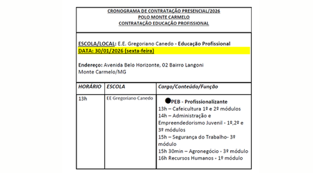 CRONOGRAMA DE CONTRATAÇÃO PRESENCIAL/2026 POLO MONTE CARMELO CONTRATAÇÃO EDUCAÇÃO PROFISSIONAL